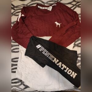 PINK Victoria's Secret Maroon and White Long Sleeve Tee with Black Leggings